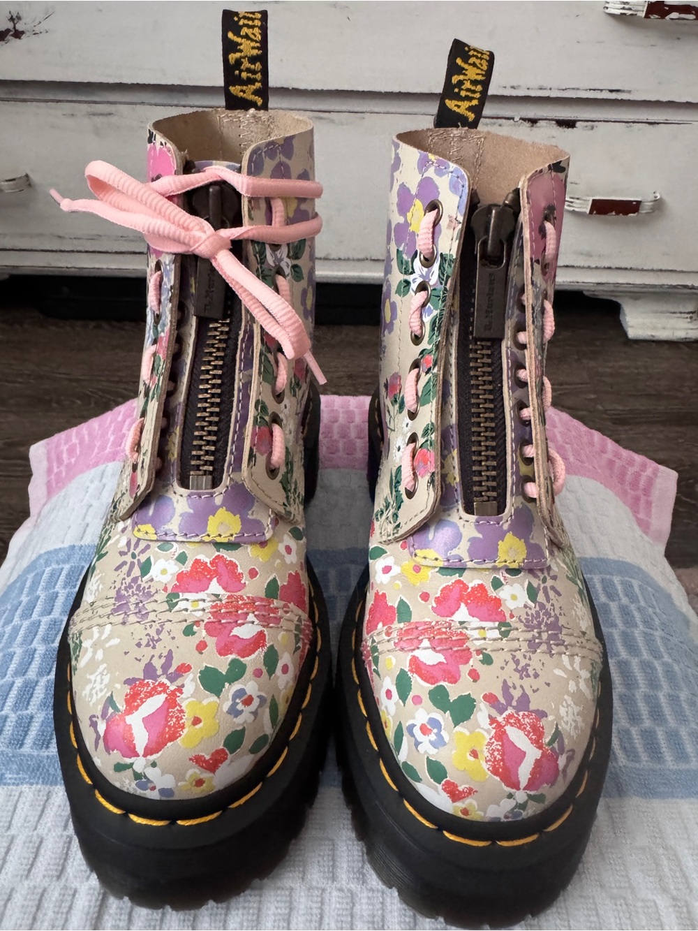 Dr. Martens Floral Platform Combat Boots - Pink Multi